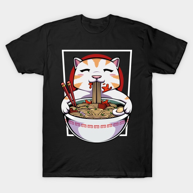 Cat - Cute Kawaii Noodle Soup Eating Kitty T-Shirt by Lumio Gifts